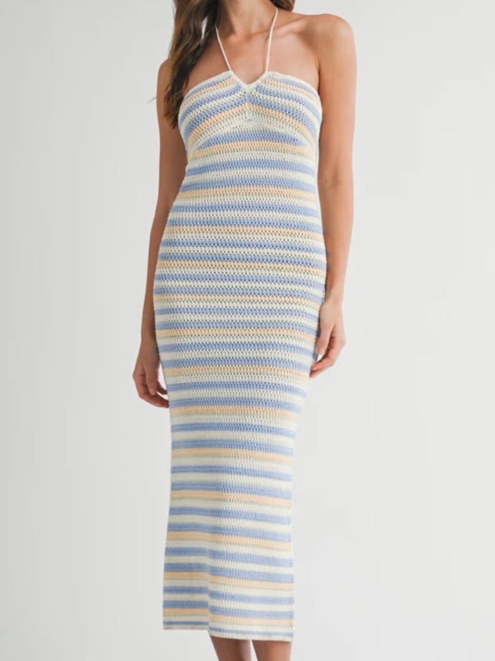 MABLE Striped Halter Crochet Knit Midi Summer Dress in Blue & Cream Sz Medium